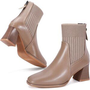 Women's Square Toe Ankle Khaki Boots Low Block Heel Chelsea Mid Calf Booties